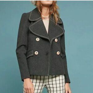 Anthropologie Jacket Peacoat Womens 2 Gray Cropped Blazer Contrast Trim Relaxed